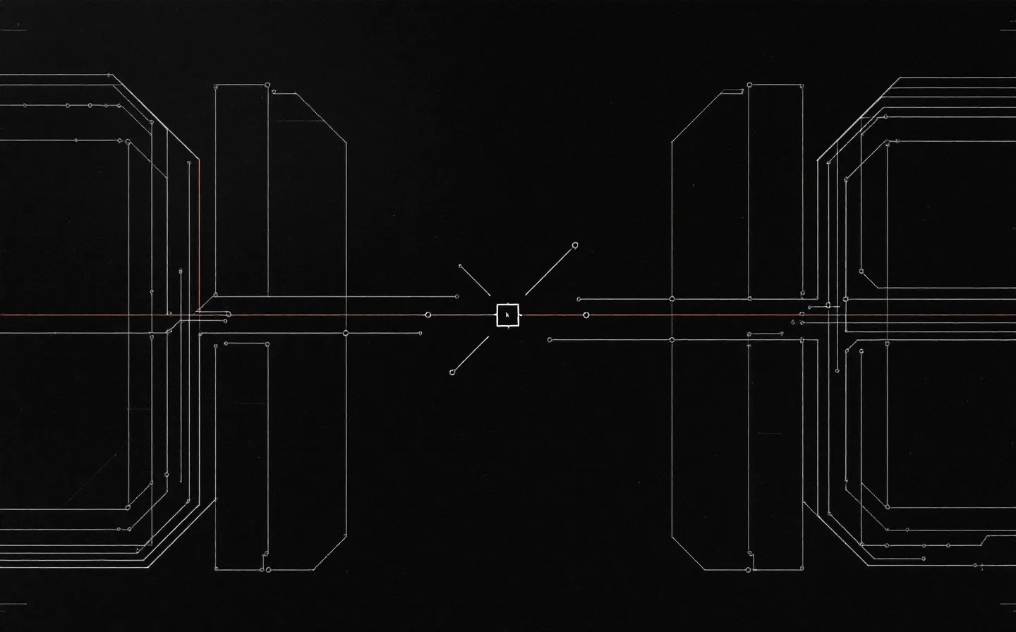 Industrial dispatch schematic of two routed constituent lanes — a red BPC-157 lane and a steel TB-500 lane — converging on a single shared repair node on a deep charcoal ground